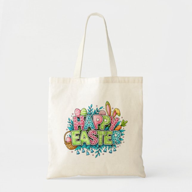 Tote Bag Playful Easter Artwork With Bunny Ears and Florals (Devant)