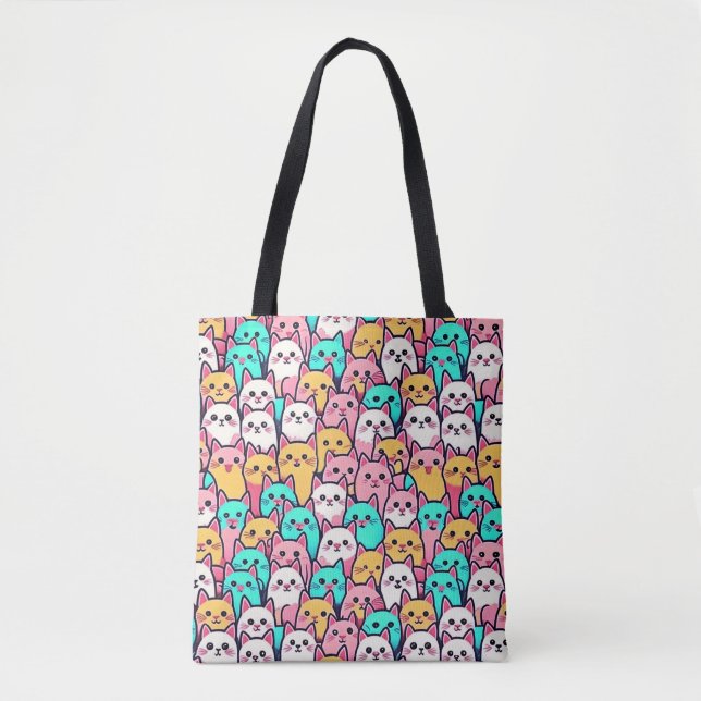 Tote Bag Playful Minimalist Cats in Multi-Coloured Pastels (Devant)