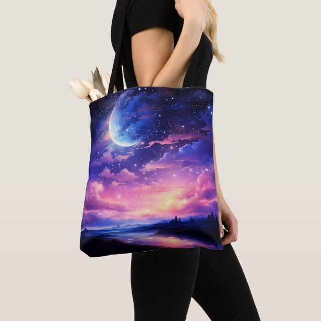 Tote Bag Pleine lune Céleste Étoiles Nuages Mystique Violet (De près)