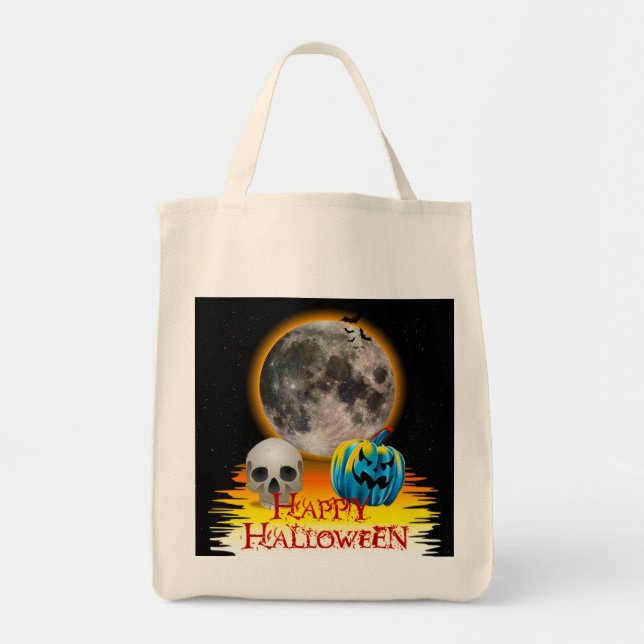 Tote Bag Pleine lune, crâne et Citrouille bleu la nuit. (Devant)