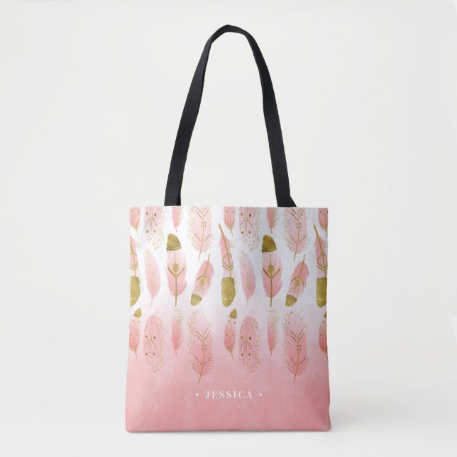 Tote Bag Plumes Bohême rose et or Ombre Personnalisé (Devant)