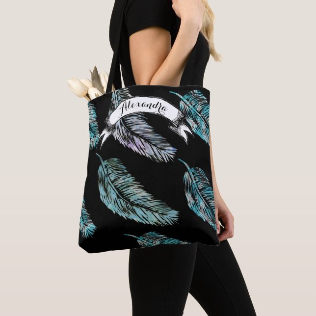Tote Bag Plumes d'aquarelle bleu et violet sérénité (De près)