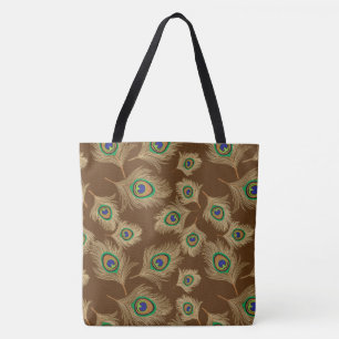 Tote Bag Plumes de paon beige au chocolat Brown