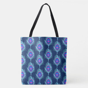 Tote Bag Plumes de paon, bleu marine et bleu pastel