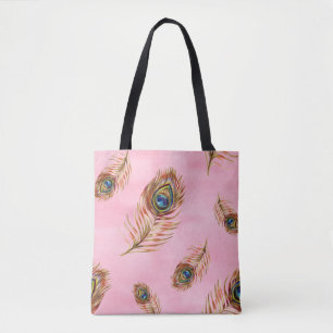 Tote Bag Plumes de paon or, motif aquarelle sans couture