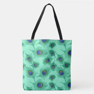 Tote Bag Plumes de paon turquoise sur Aqua clair
