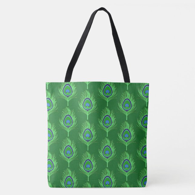 Tote Bag Plumes de paon, vert citron sur vert émeraude (Devant)