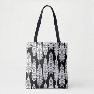 Tote Bag Plumes d'oiseaux boho sans couture motif en noir e