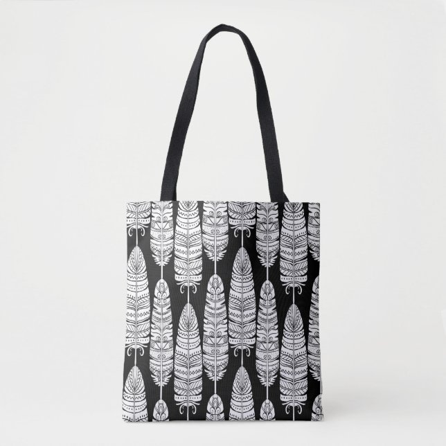Tote Bag Plumes d'oiseaux boho sans couture motif en noir e (Devant)