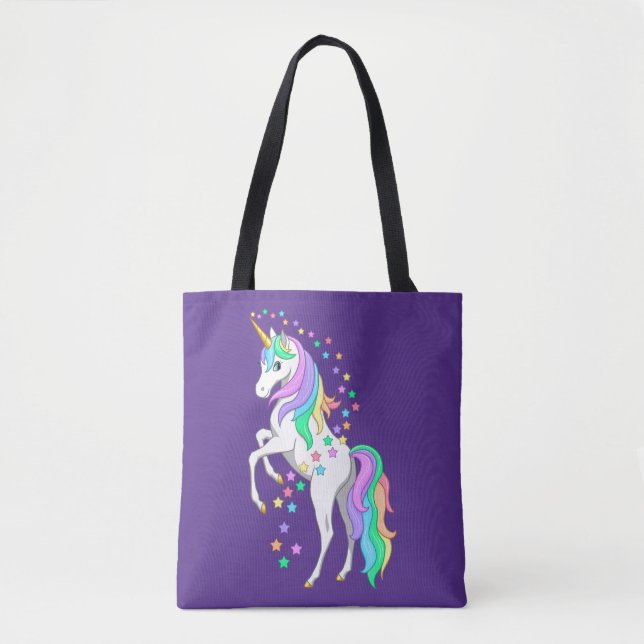 Tote Bag Plutôt Rearing Rainbow Unicorn Falling Stars (Devant)