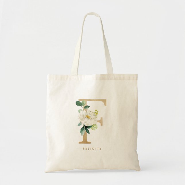 Tote Bag Pochoir floral de pivoine F Monogramme or pour dem (Devant)