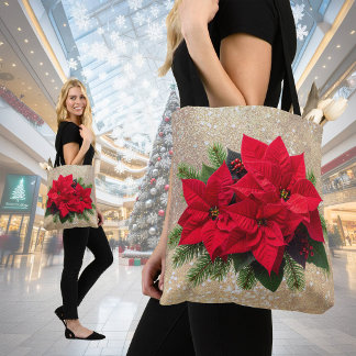 Tote Bag Poinsettia de Noël élégant pailleté or, sur mesure