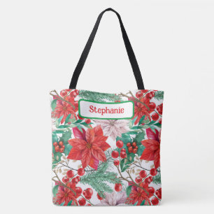Tote Bag Poinsettias Élégantes, Baies Selles, Bouges De Pin