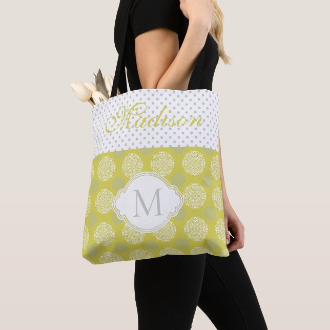 Tote Bag Points Gris Chartreuse Monogramme initial tendance (De près)