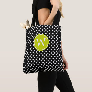 Tote Bag Points noirs et blancs avec monogramme vert citron