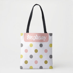 Tote Bag Points noirs et roses rétro personnalisés avec nom