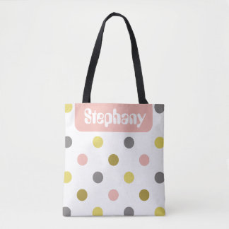 Tote Bag Points noirs et roses rétro personnalisés avec nom