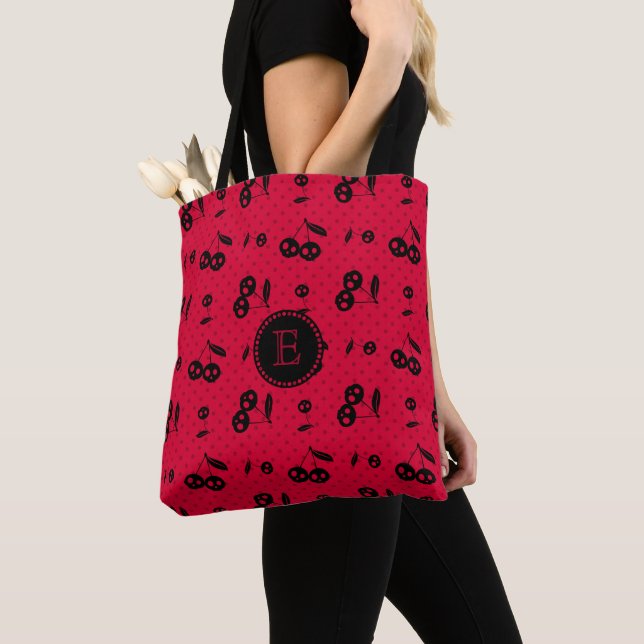 Tote Bag Pois avec Monogramme de crâne cerise (De près)