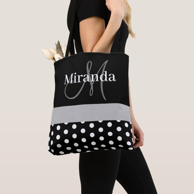 Tote Bag Pois de script de monogramme gris noir (De près)