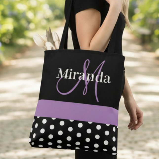 Tote Bag Pois de script de monogramme noir blanc violet (Créateur téléchargé)
