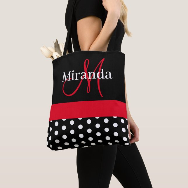 Tote Bag Pois de script de monogramme rouge noir (De près)