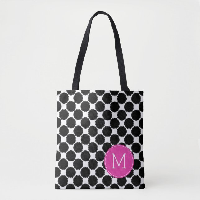 Tote Bag Pois noir et blanc audacieux avec le monogramme (Devant)