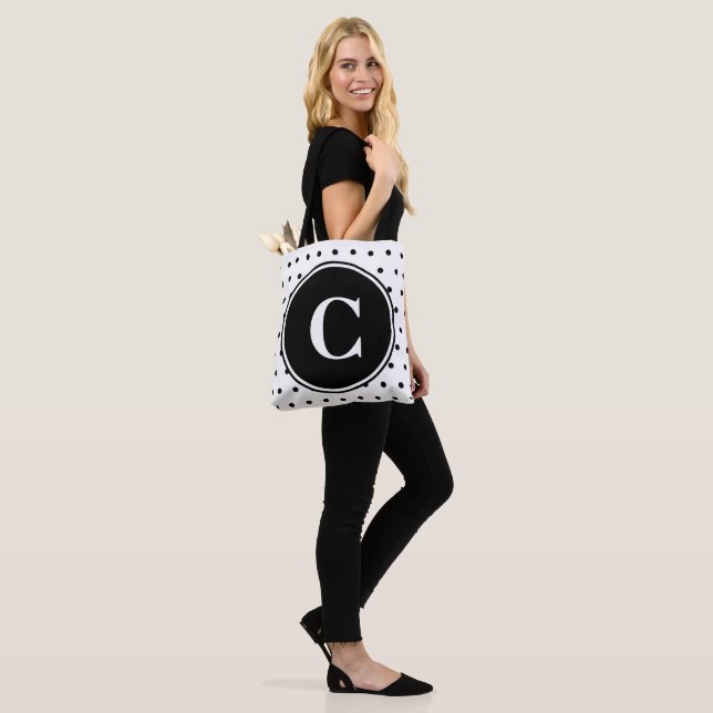 Tote Bag Pois noir monographique blanc (Sur le modèle)