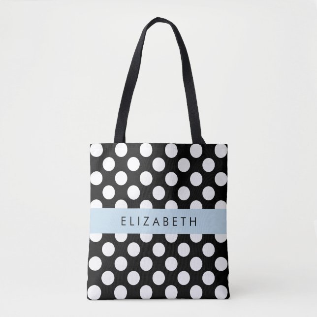Tote Bag Pois noirs et blancs, pointillés, Votre nom (Devant)