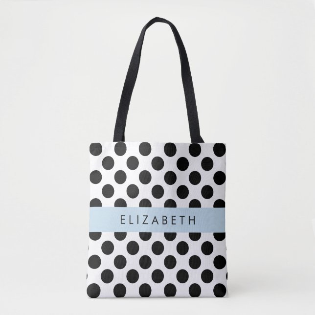 Tote Bag Pois noirs et blancs, pointillés, Votre nom (Devant)