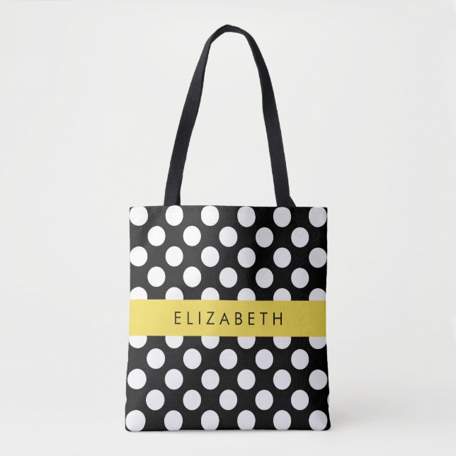 Tote Bag Pois noirs et blancs, pointillés, Votre nom (Devant)