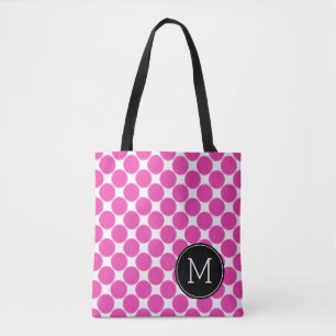 Tote Bag Pois rose et blanc de diva avec le monogramme noir