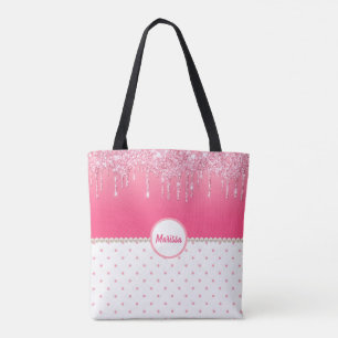 Tote Bag Pois roses et Parties scintillant d'argent Monogra