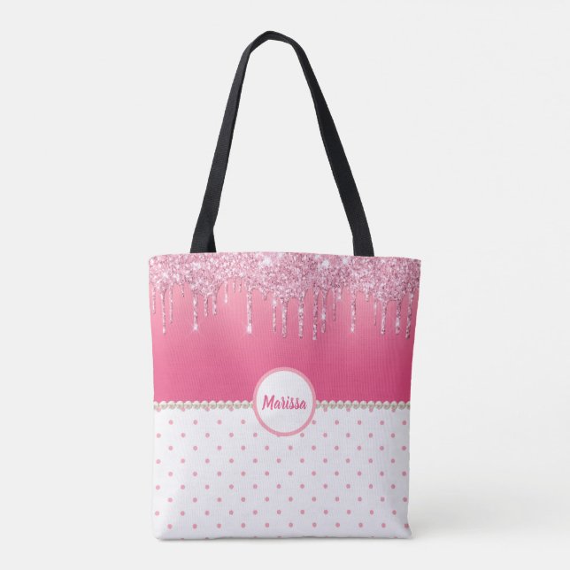 Tote Bag Pois roses et Parties scintillant d'argent Monogra (Dos)