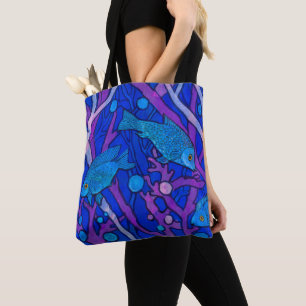 Tote Bag Poisson bleu dans l'algue, Collage de papier d'art