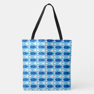 Tote Bag Poisson moderne du milieu du siècle, bleu cobalt e