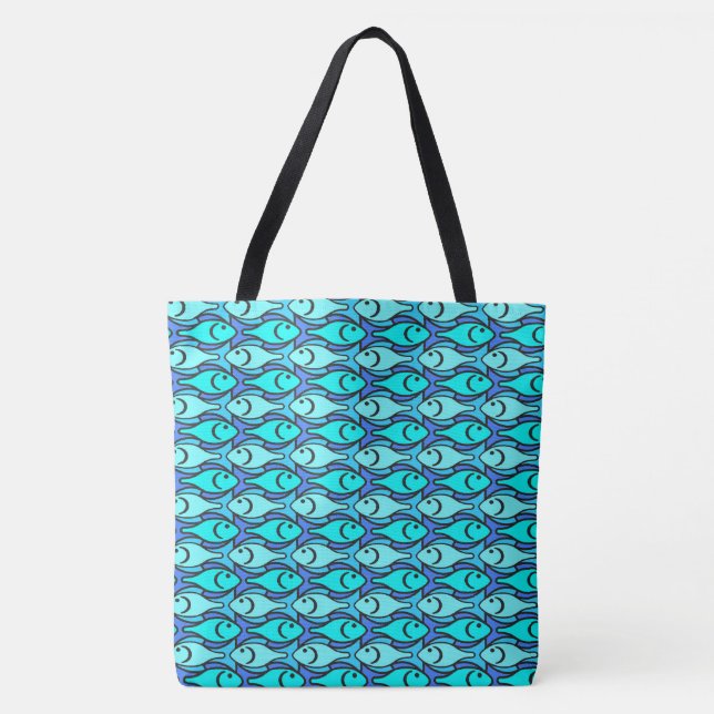 Tote Bag Poisson moderne du milieu du siècle, bleu et aqua (Devant)