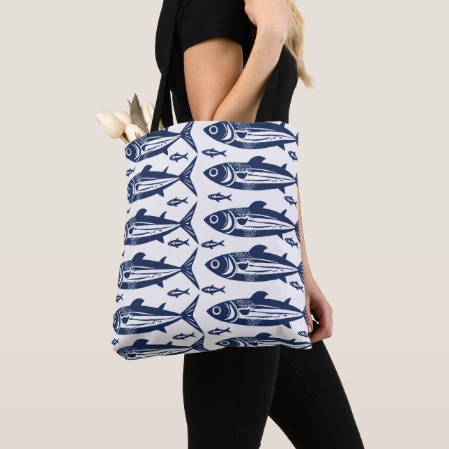 Tote Bag Poisson sardin tendance bleu et blanc (De près)