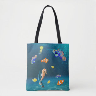 Tote Bag Poisson tropical coloré et cheval de mer