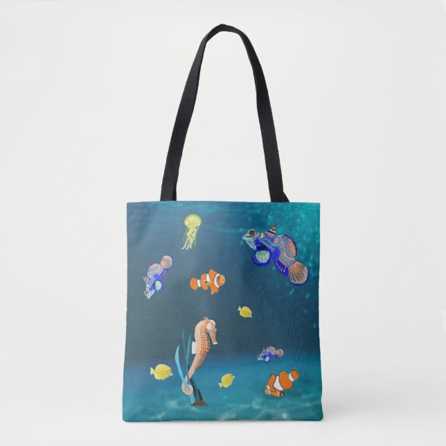 Tote Bag Poisson tropical coloré et cheval de mer (Devant)
