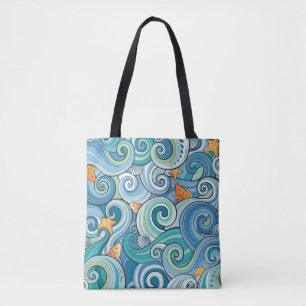 Tote Bag Poissons parmi le motif de vagues