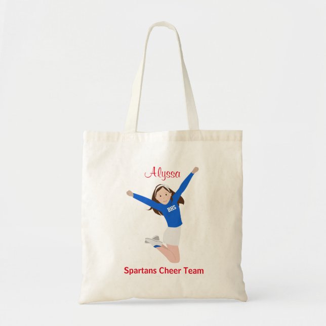 Tote Bag Pom-pom girl de cheveux de brune dans bleu et (Devant)