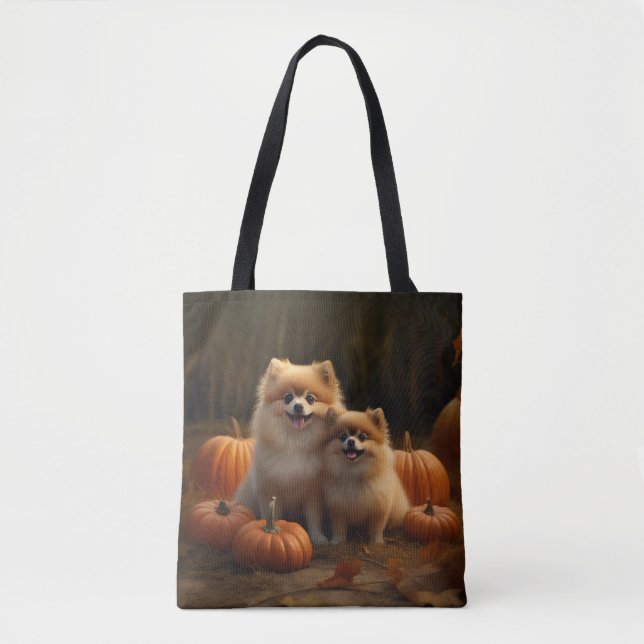 Tote Bag Poméranien Chiot Automne Citrouille délice (Devant)