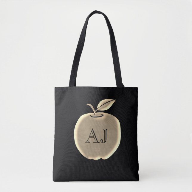 Tote Bag Pomme à huile noire et or Élégant Monogramme (Devant)