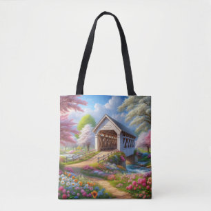 Tote Bag Pont fleuri/ressort coloré et rivière
