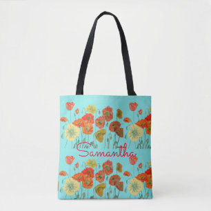 Tote Bag Poppies de pavot jaune orange rouge Aqua aux fleur