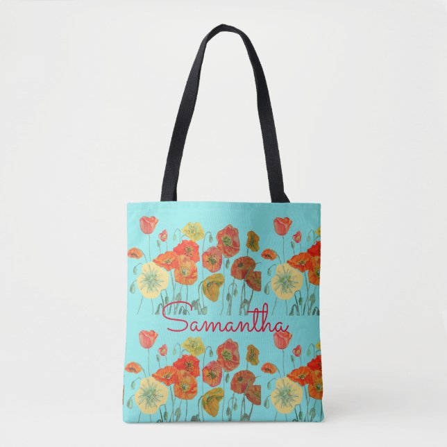 Tote Bag Poppies de pavot jaune orange rouge Aqua aux fleur (Devant)