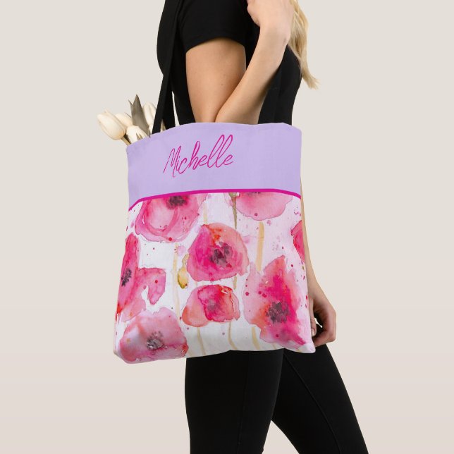 Tote Bag Poppies de pavot rouge Aquarelle Peinture filles (De près)