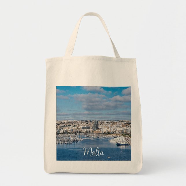 Tote Bag Port de Sliema avec bâtiments et bateaux modernes (Devant)