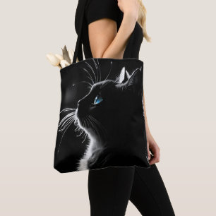 Tote Bag Portrait de chat noir brillant avec l'oeil bleu