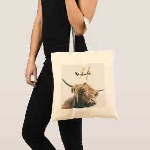Tote Bag Portrait de vache Highland nom personnalisé monogr